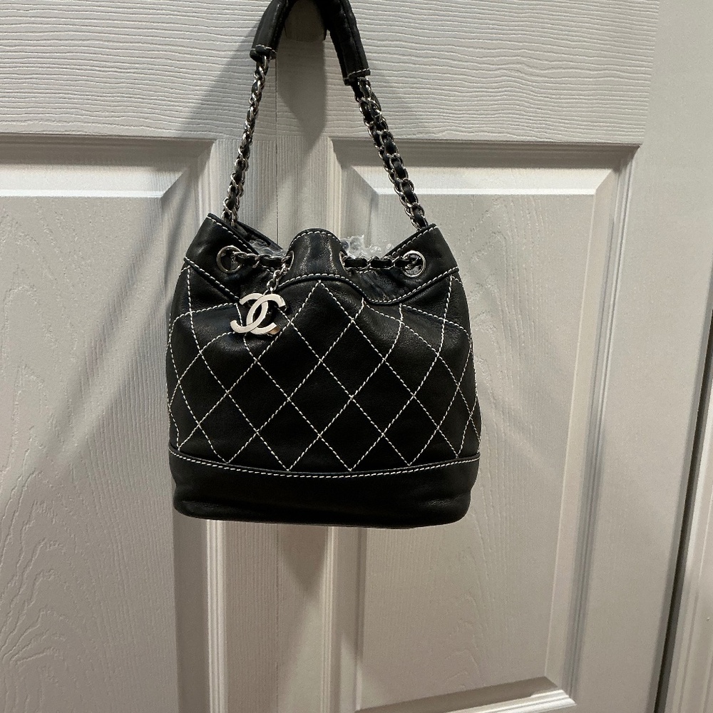 CHANEL Black  Quilted Leather Wild Stitch Bucket  Bag with Silver hardware